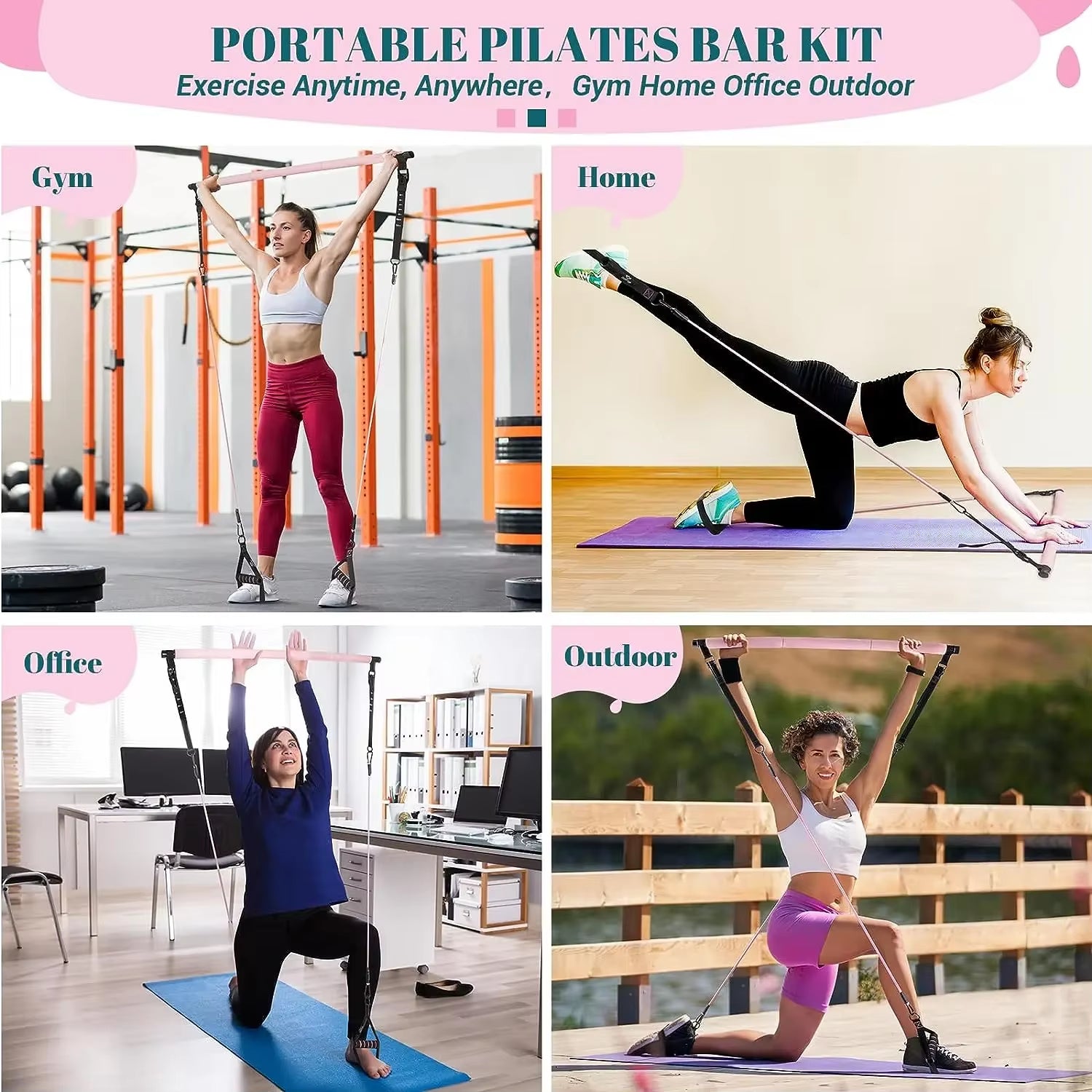 Fitness Yoga Pilates Bar Kit with Resistance Bands Portable Home Gym Pilates Resistance Bar Kit for Women Full Body Workouts