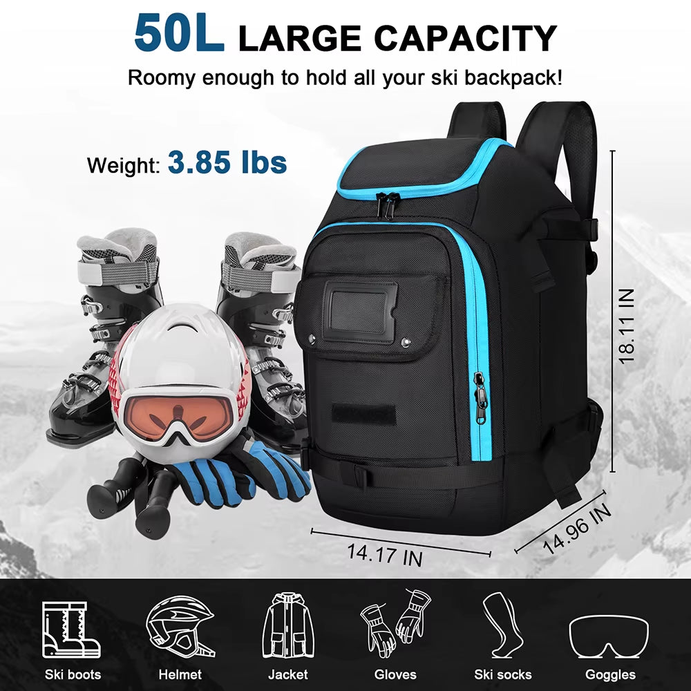 50L Outdoor Ski Bag Large Capacity Waterproof Breathable Skiing Boot Backpack Storage Helmet Coat Hang Skis Adjustable 스키