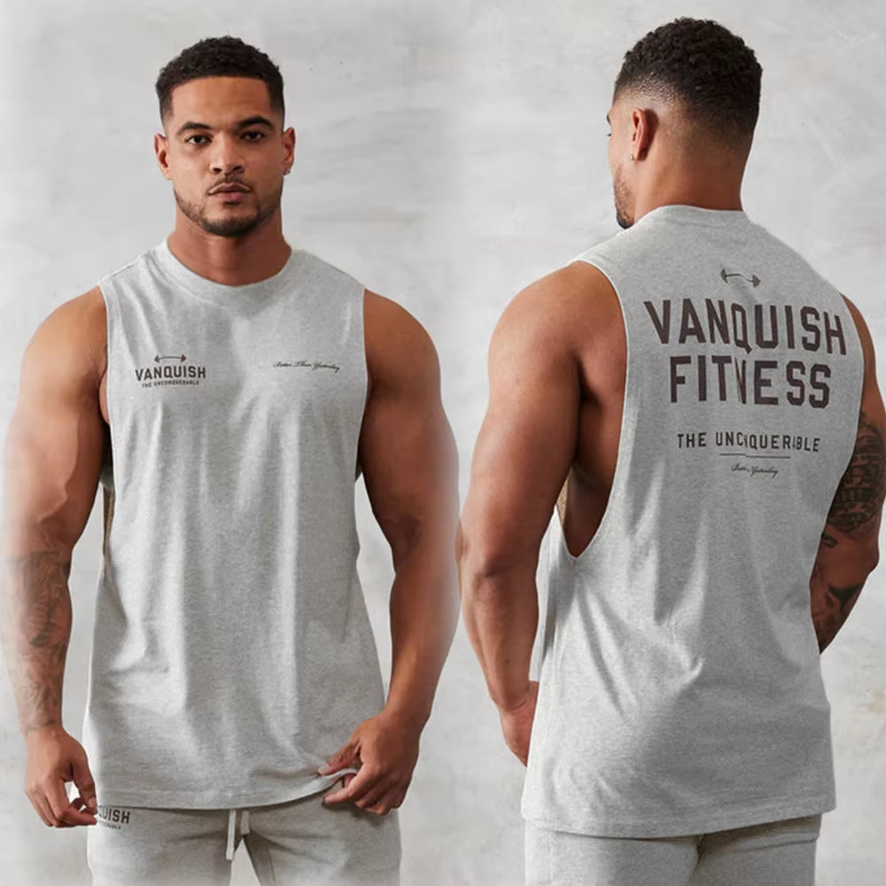 Gym Exercise Fitness Sports Men'S Vest Cotton Wide Shoulder round Neck Sleeveless Shirt Slim Casual Men'S Wear