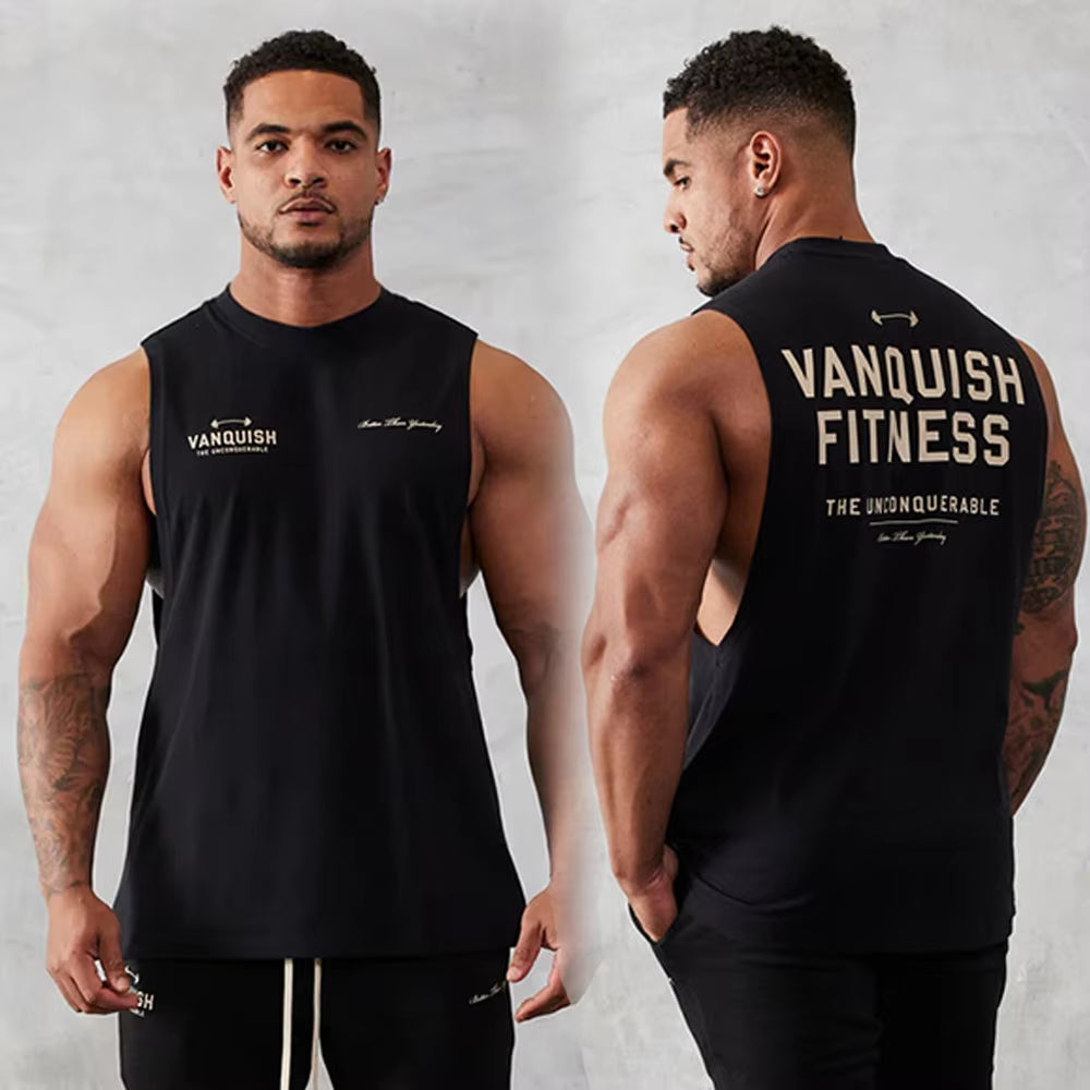 Gym Exercise Fitness Sports Men'S Vest Cotton Wide Shoulder round Neck Sleeveless Shirt Slim Casual Men'S Wear