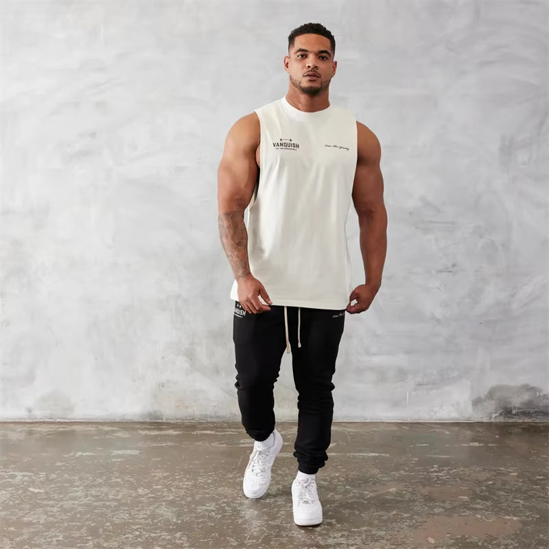 Gym Exercise Fitness Sports Men'S Vest Cotton Wide Shoulder round Neck Sleeveless Shirt Slim Casual Men'S Wear