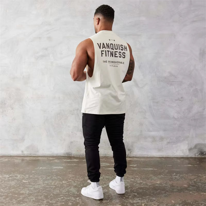 Gym Exercise Fitness Sports Men'S Vest Cotton Wide Shoulder round Neck Sleeveless Shirt Slim Casual Men'S Wear