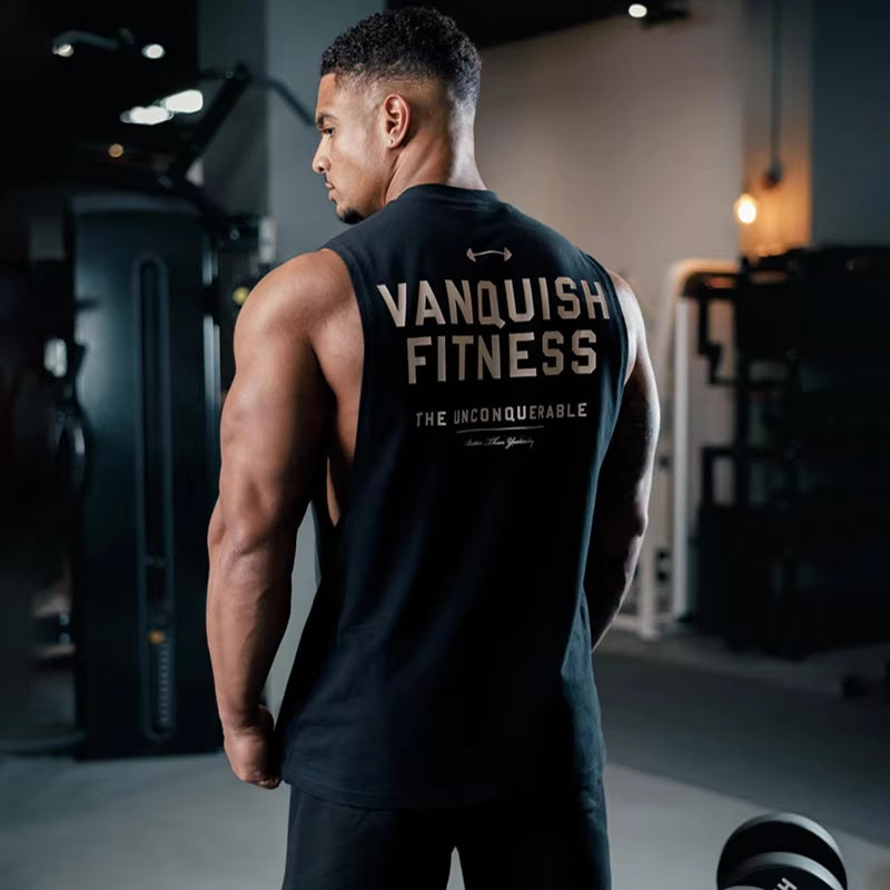 Gym Exercise Fitness Sports Men'S Vest Cotton Wide Shoulder round Neck Sleeveless Shirt Slim Casual Men'S Wear